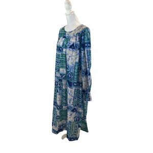 RARE Vintage Edith Flagg Blue and Green Print Long Sleeved Mumu Shirt Dress OS